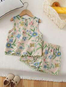 Conjunto de 2 piezas de chaleco y pantalones casuales y dulces para niñas, top sin mangas y conjunto de pantalones ligeros, para verano - Albaricoque - Ver 2