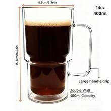 1/2/4pcs - Double Wall Glass Cups, Beer Mugs, Coffee Cups With Handles, Creative Double Layer Wine Glasses, Modern Beer Glasses, Thermal Insulated Hot Drink Glasses, Large Capacity 400ml Transparent Glass Cups, Suitable For Home, Office, Cafe, Bar, Heat-Resistant High Borosilicate Glass