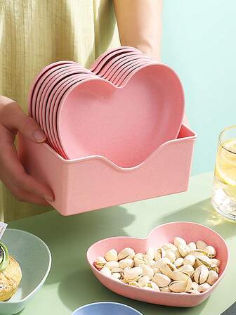 11件套心形加厚塑料盘套装（10个盘子+1个底座），甜点盘、坚果盘、水果盘、情人节派对小吃盘