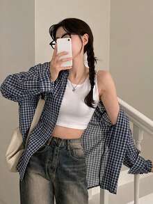经典格子时尚韩版休闲宽松长袖上衣，新款外套衬衫 - 藏青色 - 查看 3