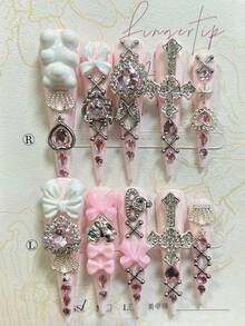 10PCS Y2K Pink Jirai Kei Cute Long Handmade Press On Nails Shibuya Gyaru Bow Heart Cross Diamond Stiletto Fake Nails Crown Nail Art Nails Supplies(1 Sheets Jelly Stickers+1PC Nail File) Handmade Press On Nails - Pink - View 4