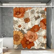 1pc Hibiscus Flower Pattern Shower Curtain, With Hooks, Made Of Polyester, Vibrant Floral Print, Creates A Fresh And Elegant Bathroom Decor
