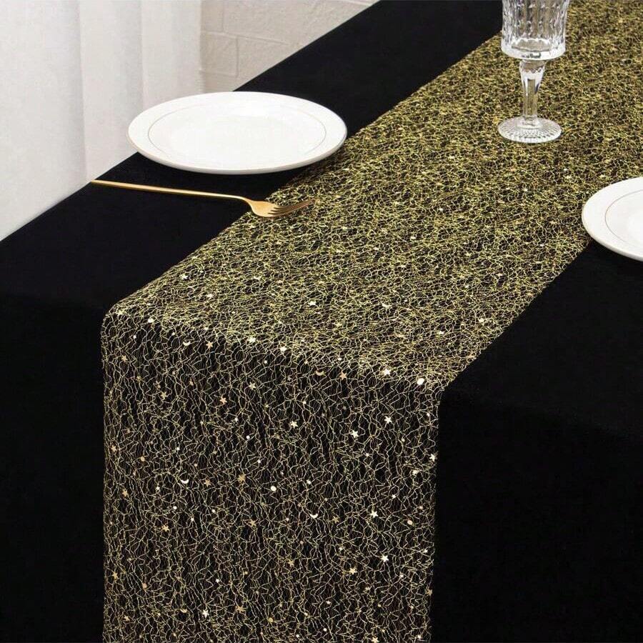 奢华星光桌旗，金箔压纹星月图案，中东斋月桌布 - 星月桌旗 - 节日派对装饰 - 烫金星形桌旗 - 多种尺寸和颜色可选 - 金属质感涤纶面料，营造节日氛围