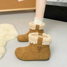 Botas de Nieve de Gamuza Vintage para Mujeres 2025 Botas Cortas de Terciopelo de Invierno Punta Redonda Plana Uso Bidireccional Zapatos Cálidos para Mujeres - Marrón - Ver 6