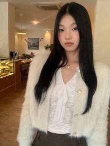 Women's Solid V-Neck Long Sleeve Fitted Lace Ruffle Casual Blouse, Spring/Summer - White - View 8