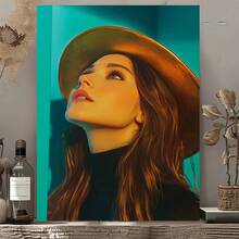 2D Plano, 1 Pieza Arte de Pared en Lienzo Abstracto Retro Moderno - Retrato Vibrante de Mujer con Sombrero en Azul, Verde y Oro, Marco de Madera Impresión de Alta Calidad, Decoración de Pared Vertical Adecuada para Sala de Estar, Dormitorio, Oficina en Casa, Decoración de Arte de Cama, Diseño de Marco Envuelto, 2D Plano - Multicolor - Ver 9