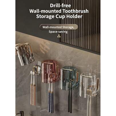 Premium Clear Tooth Cup With Adhesive Holder - No Drill Toothbrush Organizer, Minimalist Wall-Mounted Rinse Cup For Dorm Room & Home, Essential Bathroom Storage For Students Adults