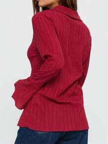 外出长袖纽扣酒红色美丽复古时尚休闲优雅女式衬衫/上衣，适合春夏假日/情人节穿着 - 紅色 - 查看 3