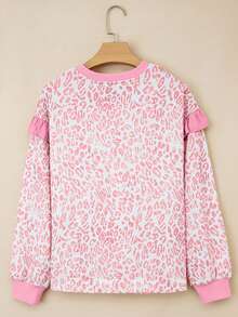 Acelitt Women's Khaki Leopard Print Ribbed Ruffle Trim Crew Neck Knit Top, Spring/Autumn - Pink - View 4