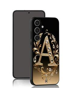 A-Letter Rhinestone Floral Pattern Phone Case, Black TPU Soft Protective Cover, Compatible With Huawei Honor, Galaxy, International Version,  Not The Domestic Version - Black - View 2