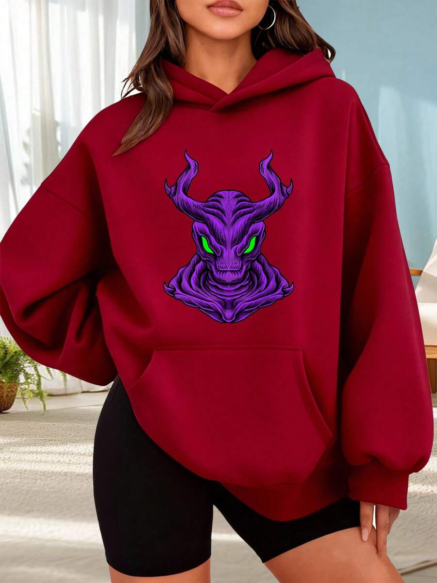 Fashionable Hooded Sweater For Women. Black Hoodie With Purple Dragon Print And Green Eyes. Fantasy Design For Women. Casual Urban Style For Everyday Wear. Perfect For Dates, Outings, And Holiday Gifts. The Best Choice For A Date. - 酒紅色 - 查看 1