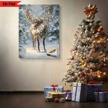 2D plano, 1 pieza de lienzo enmarcado para pared - bosque nevado de invierno con cervatillo y decoraciones, pinturaágica de reno, lienzo impreso de alta resolución envuelto en marco, decoración festiva para sala de estar y dormitorio - Multicolor - Ver 4