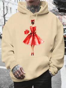 Men's hooded sweatshirt,Mens Fashion Hoodie Sweatshirt con Estampado de Mujer en Vestido Rojo Sosteniendo Regalo para Ocasiones Diarias Sociales y Temporada de Fiestas,Christmas outfit ideas, perfect for outdoor activities, parties, and the best gift for friends. - Albaricoque - Ver 6