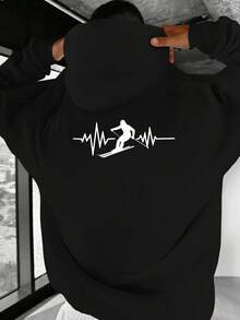 Sudadera con capucha para hombres - Pullover de invierno gris de color mixto (patrón de línea de esquiador y latido del corazón) - Ropa de clima frío de corte holgado, adecuada para esquí, senderismo, uso diario casual - Ropa de exterior lavable aáquina, conjunto de esquí, moda urbana, tela duradera, camiseta de manga larga, estilo de vida activo - Negro - Ver 1