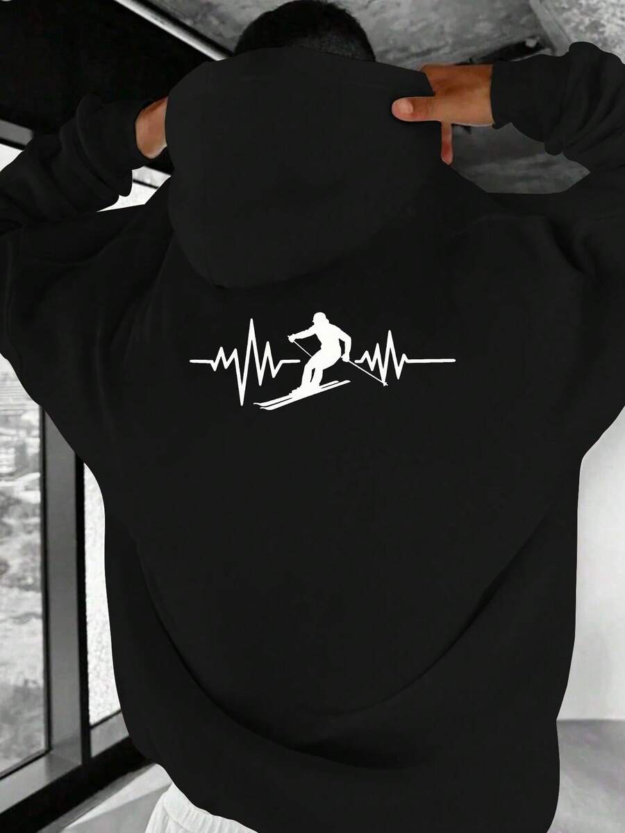 Sudadera con capucha para hombres - Pullover de invierno gris de color mixto (patrón de línea de esquiador y latido del corazón) - Ropa de clima frío de corte holgado, adecuada para esquí, senderismo, uso diario casual - Ropa de exterior lavable aáquina, conjunto de esquí, moda urbana, tela duradera, camiseta de manga larga, estilo de vida activo - Negro - Ver 1