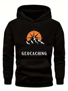 Sudadera con capucha de talla para hombres con patrón de GEOCACHING - Negra, diseño de silueta de montaña, ajuste holgado, poliéster, manga larga, bolsillo delantero, lavable aáquina, ropa casual para exteriores, talla - Negro - Ver 12