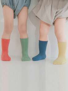 4 Pairs Baby Socks, Simple Mismatched Design, Fashionable Combination, Cuffed Socks - Multicolor - View 1