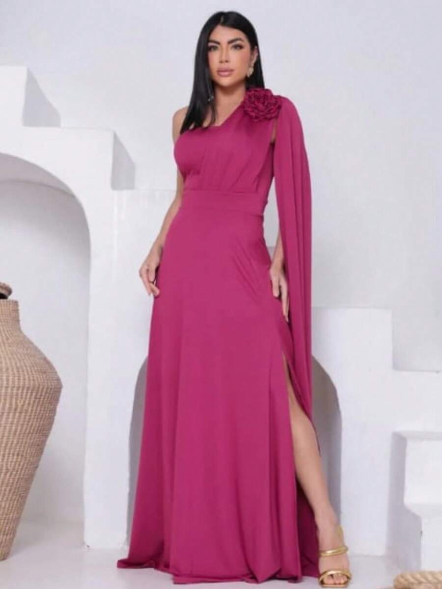 Women's Long Party Dress, One Shoulder, Draped With Slit – Elegant Fluit Fabric For Bridesmaids, Weddings, And Graduations – One Size Fits All. Elegant Asymmetrical Party Dress For Weddings. - 玫瑰紅 - 查看 1