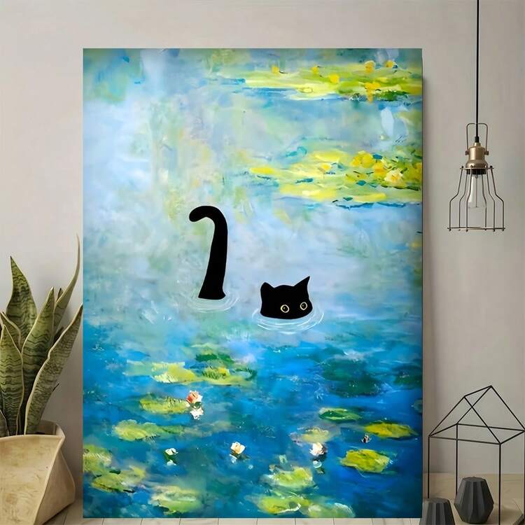 2D Plano, 1 Pieza, Pintura Decorativa de Estanque de Gato Flotante, Marco de Madera, Arte de Pared en Lienzo, Diseño Retro Moderno, Póster Impreso de Alta Calidad, Decoración Elegante para Oficina en Casa, 2D Plano - Multicolor - Añade 9