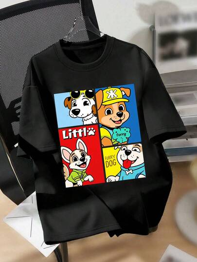 Oversized Short Sleeve T-Shirt With 4-Panel Cartoon Puppy Print, Designed For Teenage Boys, Comfortable And Breathable, Suitable For Spring/Summer Wear. Suitable For Students' Daily Wear, Parties, School, Music Festivals, Vacations And Commuting. Also Can Be Given As A Gift To Family And Friends.