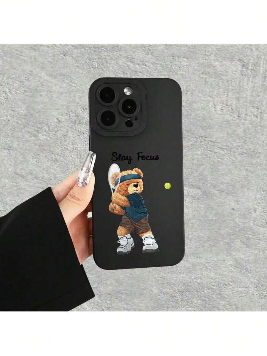 UE (DE et ES) Étui de téléphone moderne avec un ourson mignon jouant au tennis, convenant aux modèles 16, 15, 14, 13, 12, 11, XS, XR, X, 7, 8 Plus, Pro, Max et Mini. - Noir - Voir 1