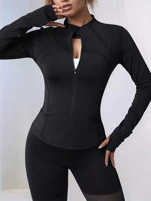 Plus Size Zipper Long Sleeve Sports, Women Tight Thumb Hole Cuff Fitness Yoga Running Activewear Outerwear - 黑色 - 查看 9