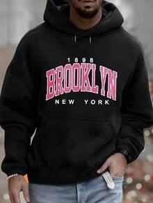 Men's Hoodie, Brooklyn New York 1898 Print Design, Casual Autumn And Winter Clothing, Versatile Top Suitable For Leisure And Sports Outfits, Fashion Gift, Best Choice For Festival Gifts - 黑色 - 查看 1