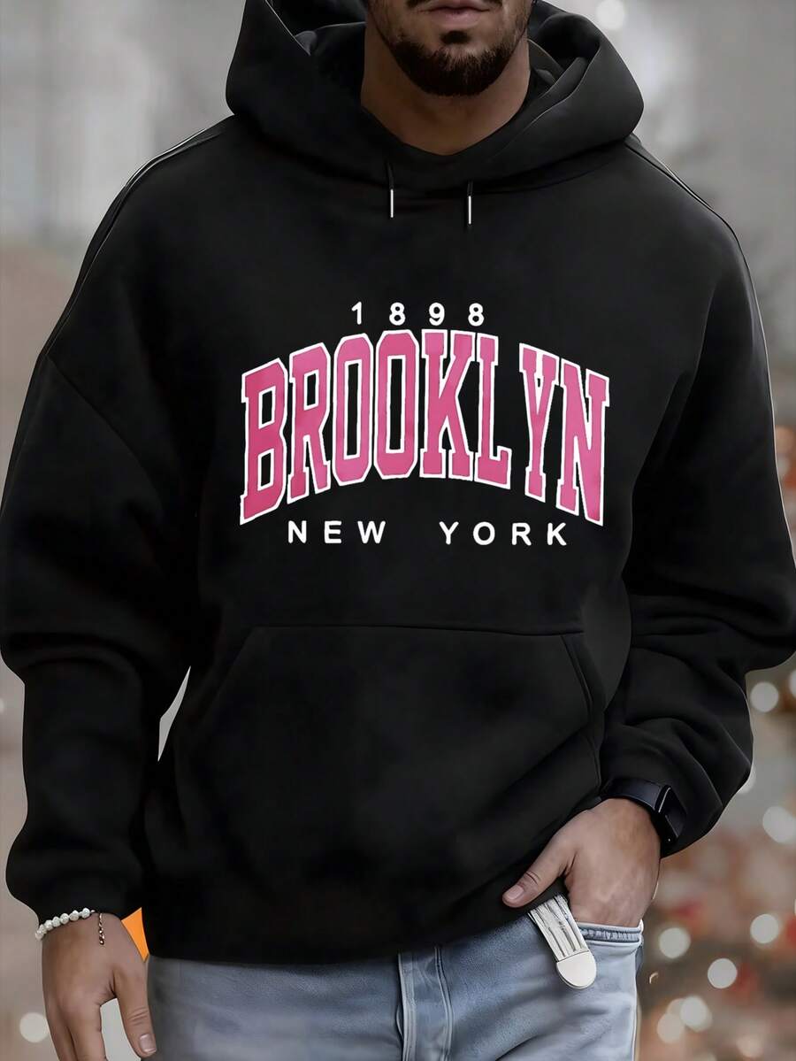 Men's Hoodie, Brooklyn New York 1898 Print Design, Casual Autumn And Winter Clothing, Versatile Top Suitable For Leisure And Sports Outfits, Fashion Gift, Best Choice For Festival Gifts - 黑色 - 查看 1