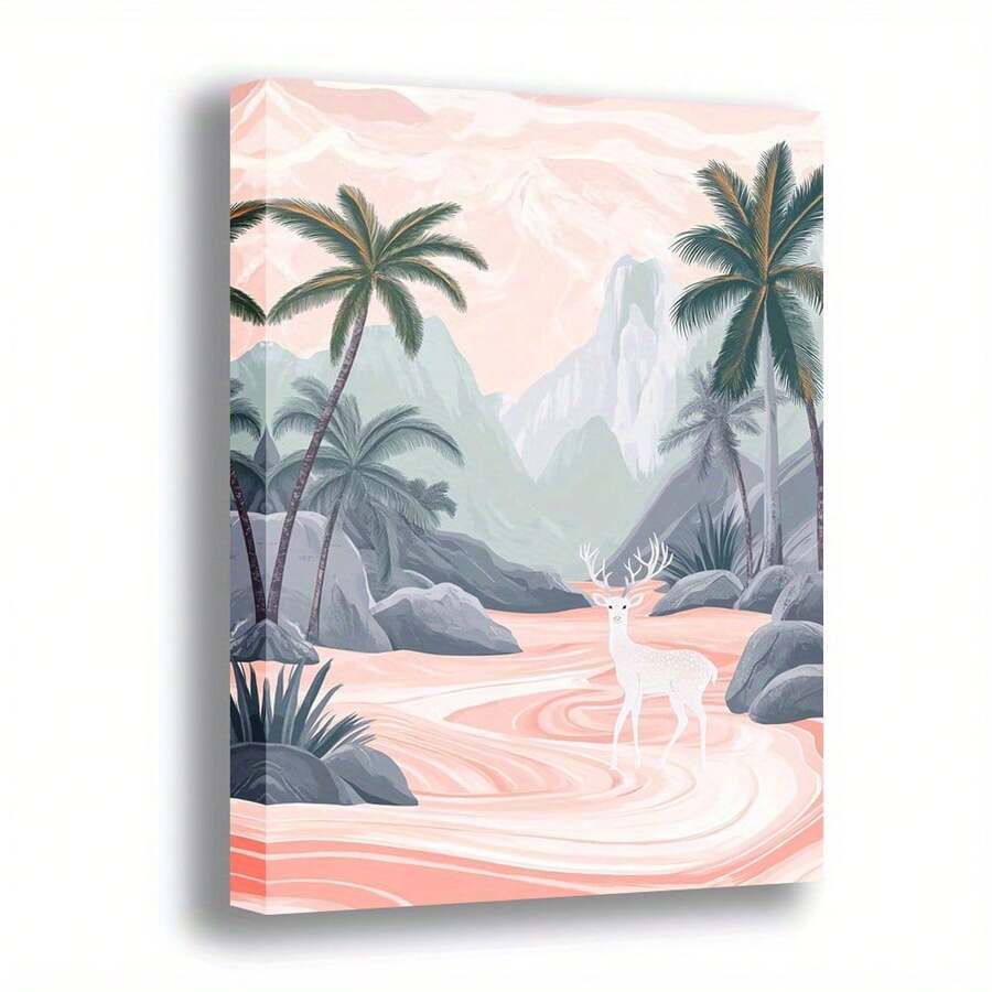 Arte de pared en lienzo retro moderno con palmeras y ciervos en un paisaje de agua dulce, póster impreso de alta calidad, marco de madera, lienzo envuelto, adecuado para sala de estar, dormitorio, cocina, baño - Postura vertical, decoración elegante para colgar en la pared, decoración de pared interior |   Arte de escena tranquila |   Marco de Lienzo Envolvente, Decoración de Arte de Pared - Multicolor - Ver 1