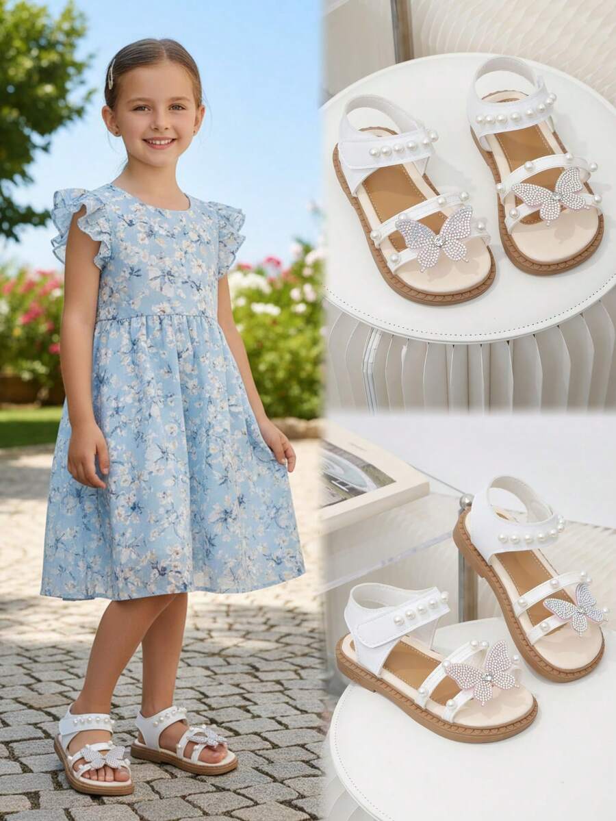 1 Pair White Children's Thick-Soled Sandals, White PU Straps With Crystal & Pearl Butterfly Decor, Design, Round Toe, Non-Slip, Fashionable & Cute, Suitable For Girls Aged 3-15 For Indoor, Outdoor, Daily, Beach, Spring/Summer
