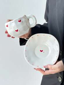 1 Set Heart-Shaped Ceramic Coffee Cup & Saucer, Elegant Minimalist Ceramic Mug, High-Quality Hand-Painted Ceramic Cup, Water Cup, Breakfast Milk Cup, Juice Cup, Party & Afternoon Tea Cup, Saudi Coffee Cup, Gift Cup - Multicolor - View 8