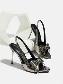 女士高跟鞋，适合春夏、晚宴、旅行、购物、聚会、T台走秀、通勤、约会、舞会等场合，时尚优雅，情人节礼物，春节礼物，蝴蝶结装饰，圆头，优雅踝带，细高跟，纯色，镜面抛光，大理石纹理，舒适材质，可搭配秋季连衣裙，性感，前卫，优雅，奢华，百搭，枪灰色高跟凉鞋 - 槍灰色 - 查看 6