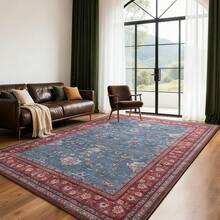 5x7 Vintage Area Rug For Living Room Bedroom, Machine Washable Non Slip Indoor Rug, Thin Throw Floral Low Pile Distressed Carpet For Office Nursery Dining Room Red/Blue, Modern Chic Design - 紅色 - 查看 6
