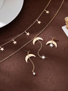 3pcs Set Eid Jewelry Crescent Moon Crystal Tassel Necklace & Asymmetric Earrings, Elegant Minimalist Sparkling Birthday/Holiday/Party Gift For Women - Star and Moon 2-piece Set [Earrings + Necklace] - View 3