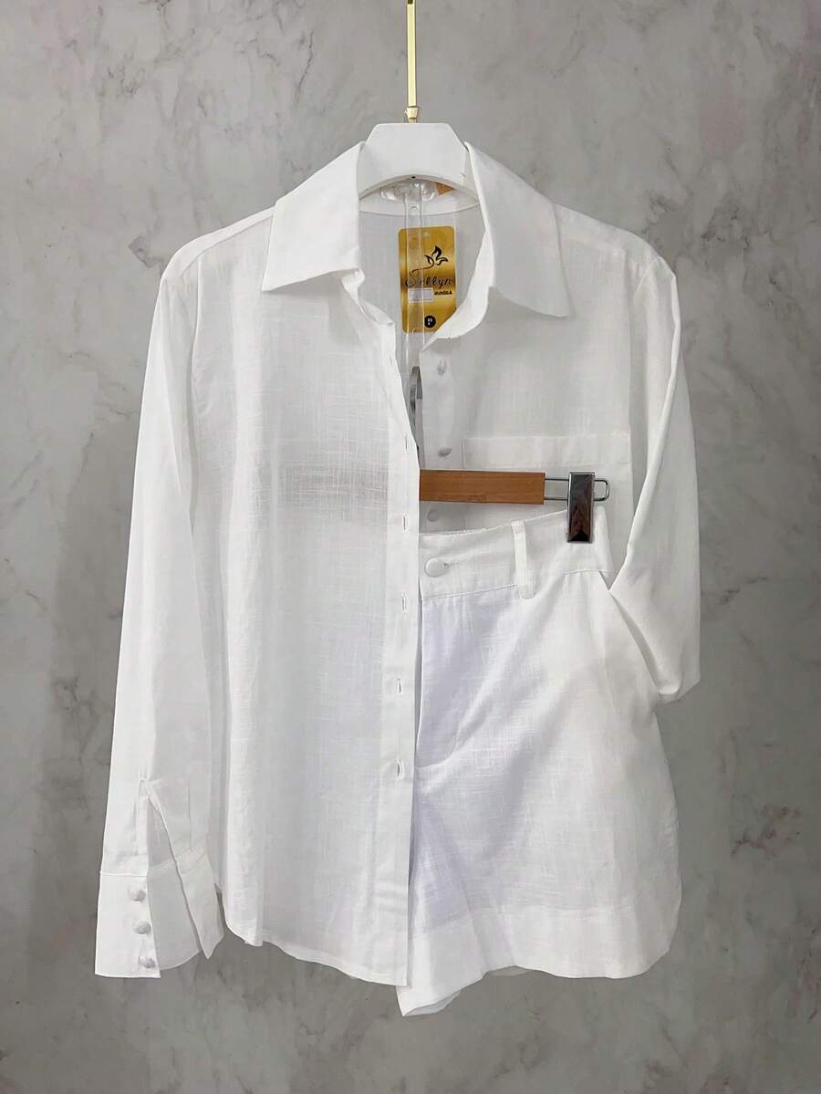 Lightweight Women's Set | Long-Sleeved Shirt And Shorts With Elastic At The Back | Semi-Sheer - White - View 1