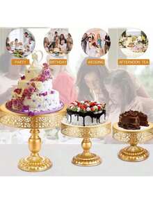 3 Packs Round Gold Cake Stand, Dessert Table Display Set, Candy Fruite Cupcake Pastry Plate For Wedding, Birthday, Company Party Celebration - Vàng - Xem 3