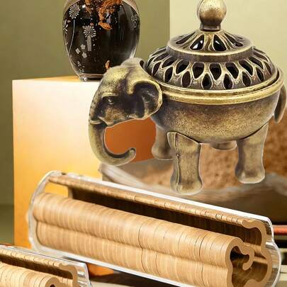 Bộ 2 món đồ trang trí bàn làm việc sang trọng tối giản kiểu Châu Âu, kết hợp sắt mỹ thuật và nhựa, dùng để đốt hương, trang trí hình voi Rama (bao gồm 1 lư hương hình voi may mắn và 1 vòng hoa mây may mắn).