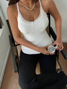 GIGOGOU Fashionable Sexy Contrast Color Lace Summer Women Camisole Casual Ribbed Camisole - White - View 4