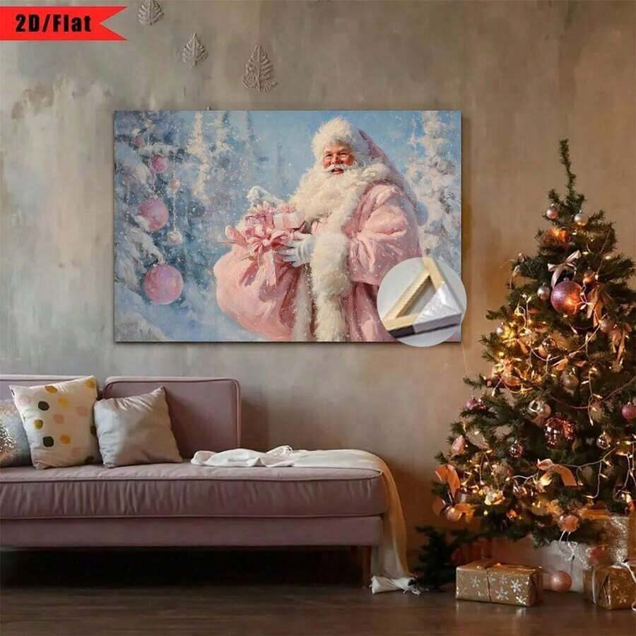 [2D Plano] Impresión en lienzo de Santa Claus rosa de 1 pieza - Rosa macaron y pared enmarcada con fondo suave, marco de madera y lienzo envuelto, ganchos fáciles de instalar, decoración navideña moderna minimalista, adecuada para dormitorio, sala de estar, habitación - Vacaciones únicas - Multicolor - Ver 1