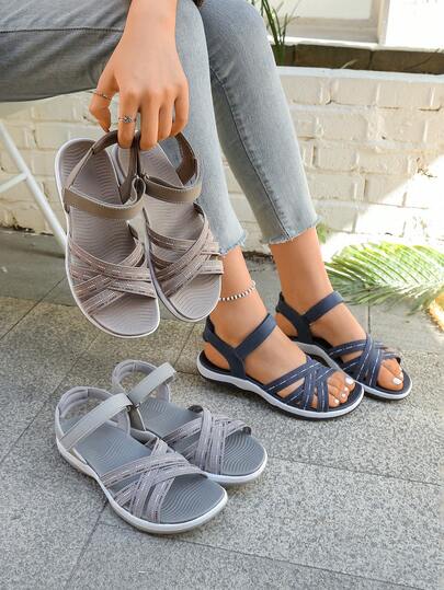 2026 Colorblock Elastic Criss-Cross Strap Hook And Loop Sports Sandals, Suitable For Spring/Summer Outdoor Activities