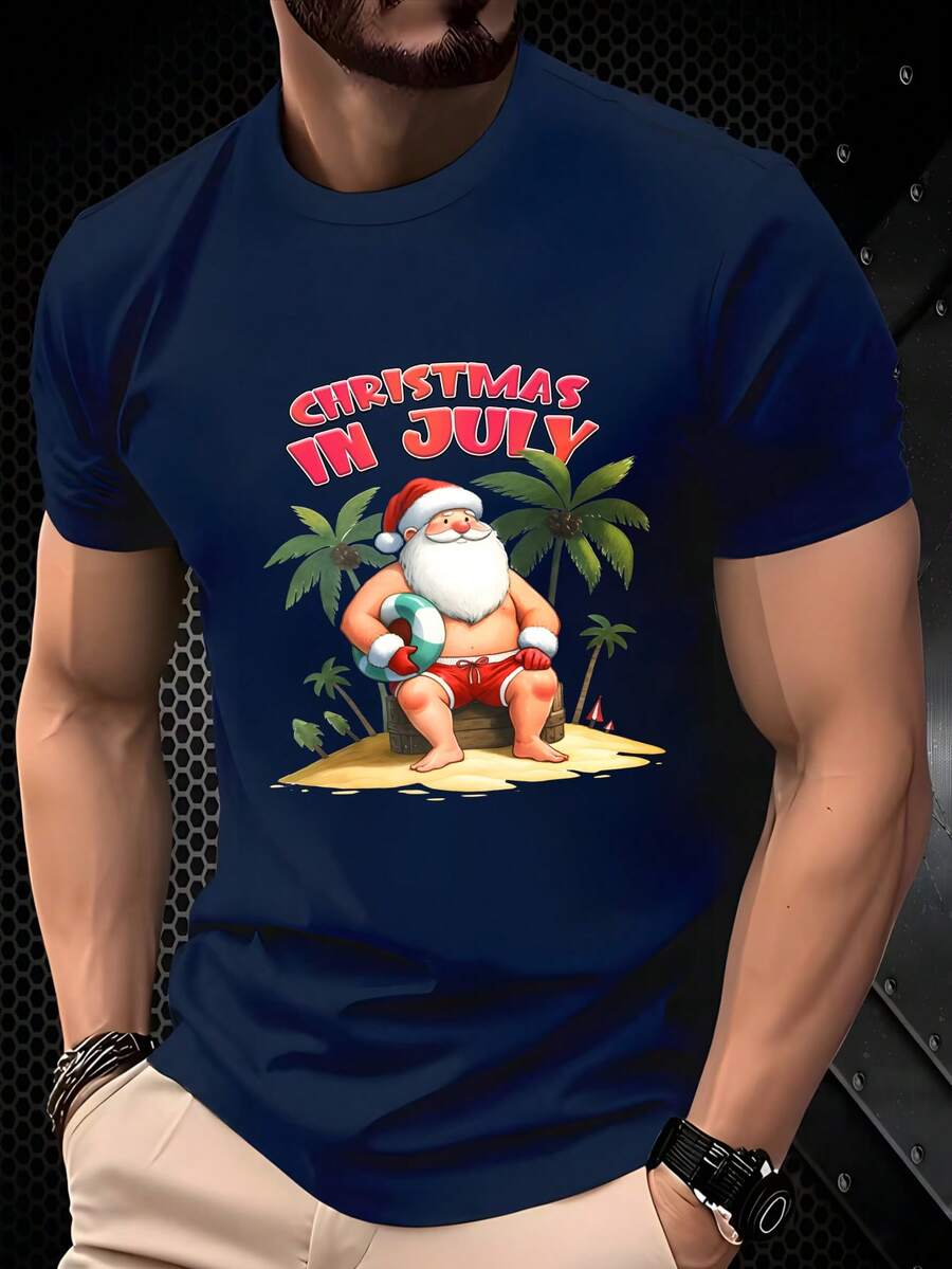 Men's Crew Neck T-Shirt, Printed, Christmas In July, Santa Claus Design With Palm Trees And Beach Ball, Versatile Casual Top For All Seasons, Suitable For Leisure And Sportswear, Fashionable Gift - 藏蓝色 - 查看 1