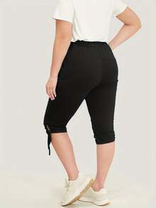 Plus Size Women's Side Pocket Drawstring Ruched Sports Yoga Pants - 黑色 - 查看 5