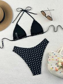 Swim Mod 2026 Spring/Summer Women's Spaghetti Strap Halter Neck Black Base White Polka Random Print Sweet Cute Side High Cut Bikini Swimsuit 2-Piece Set - 多色 2 - 查看 7