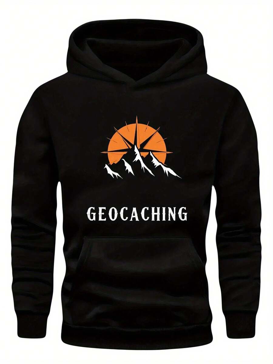 Sudadera con capucha de talla para hombres con patrón de GEOCACHING - Negra, diseño de silueta de montaña, ajuste holgado, poliéster, manga larga, bolsillo delantero, lavable aáquina, ropa casual para exteriores, talla - Negro - Ver 1