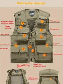 Men's Khaki Casual Fishing/Travel/Outdoor Multi-Pocket Vest Jacket, Suitable For Spring, Summer, Autumn And Winter, Hiking, Photography, Fishing, Camping, Hunting, Tactical Journalist Vest - 卡其色 - 查看 7