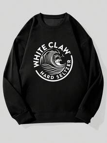 Men WHITE CLAW HARD SELTZER Logo Graphic Sweatshirt Navy Blue Casual Crew Neck Pullover With Wave Design Loose Fit Long Sleeves And Ribbed Cuffs Comfortable Clothing Relaxed Fit Sweatshirt Stretchy Fabric - 黑色 - 查看 1