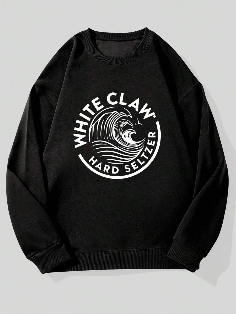 Men WHITE CLAW HARD SELTZER Logo Graphic Sweatshirt Navy Blue Casual Crew Neck Pullover With Wave Design Loose Fit Long Sleeves And Ribbed Cuffs Comfortable Clothing Relaxed Fit Sweatshirt Stretchy Fabric - 黑色 - 查看 1