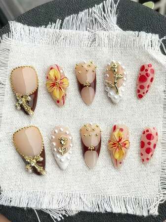 10pcs Gold Rose Flower Almond Shaped Nail Art Decor With Metal Beads, Pearls, Gentle Girl Handmade Nail Tips With 3D Cross Embellishment, Press-On Nails