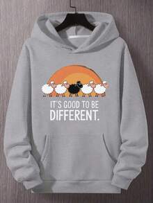 Sudadera con capucha de patrón de ovejas divertido para hombres - Eslogan La diferencia hermosa, diseño de ovejas y atardecer, sudadera casual con bolsillos - Negro - Ver 4