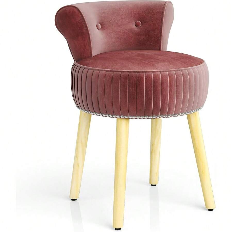 Velvet Upholstered Vanity Chair With Tufted Low Back And Solid Wood Legs, Gray & Black Makeup Stool For Bedroom And Dressing Room - Burgundy & Natural - View 1